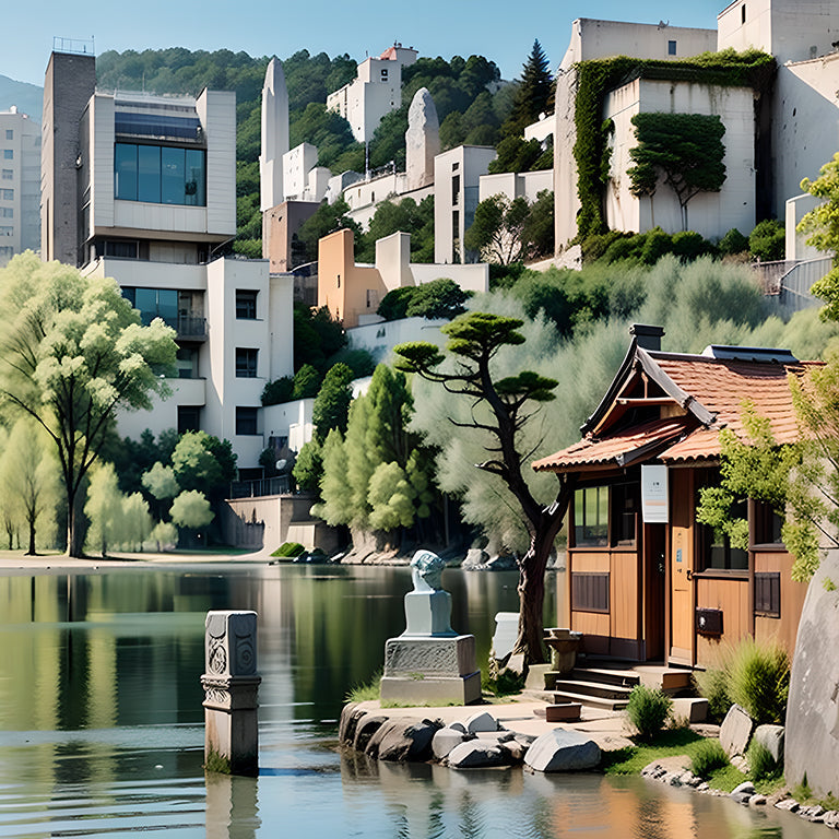 Stone Architecture in City Park by the Lake