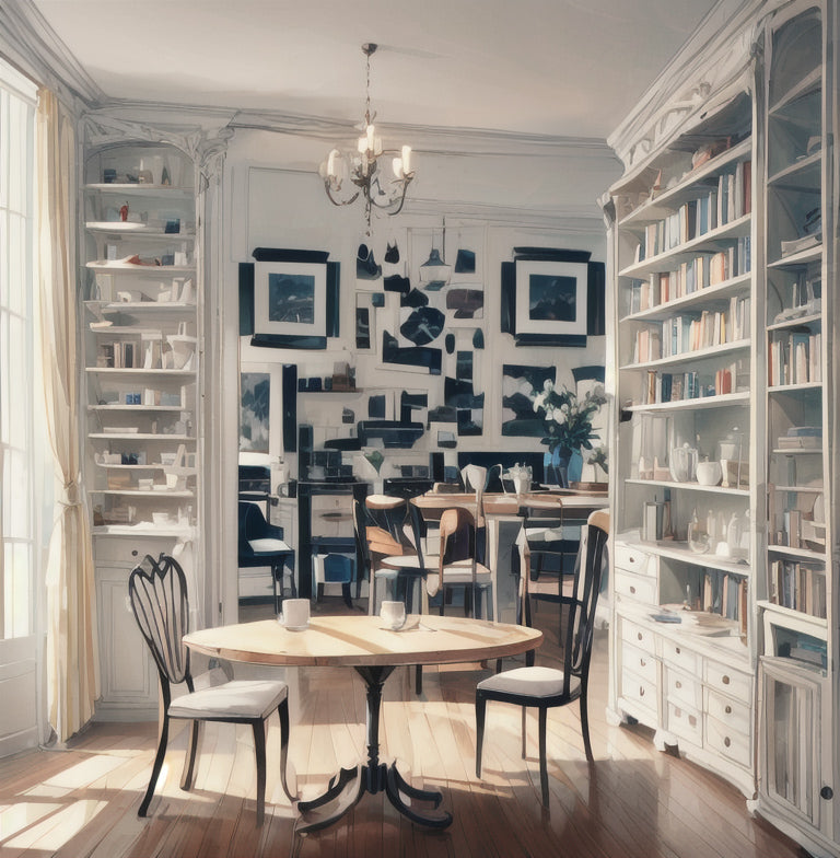 Dining Room with Chic Bookcase