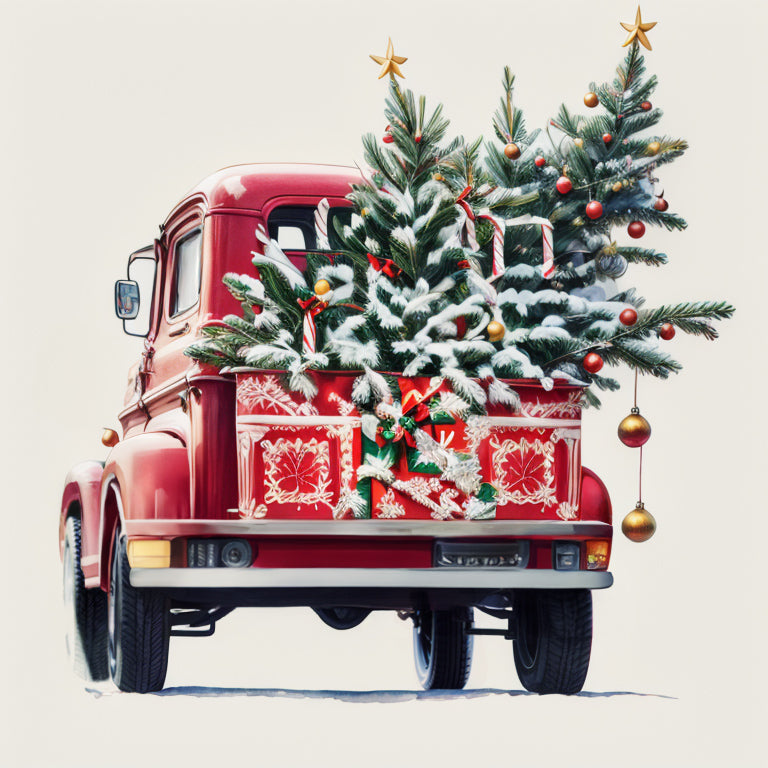 Postcard A Red Truck and a Christmas Tree