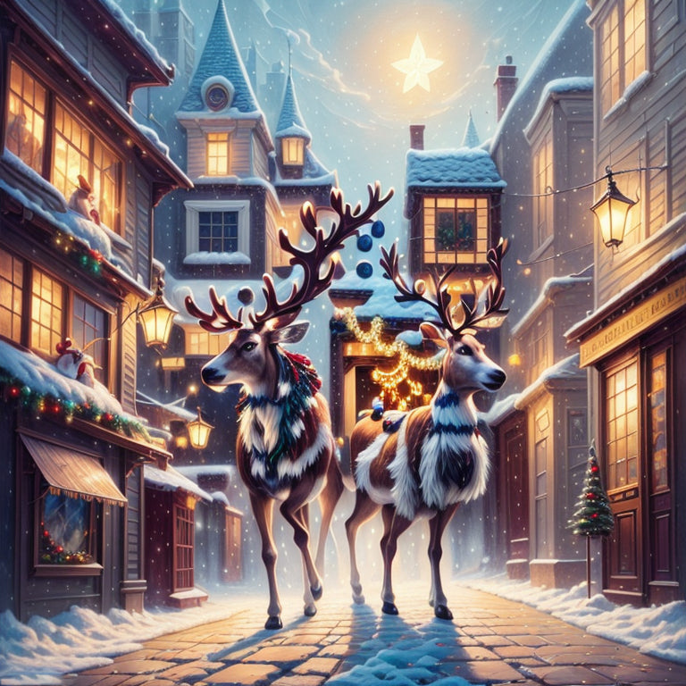 Reindeer Decorating a Holiday Street