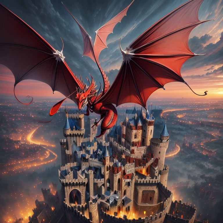 Red Dragon Soaring over a Medieval City