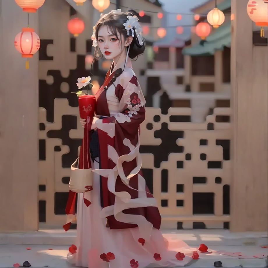 Beautiful Girl in a Red Palette Chinese Dress