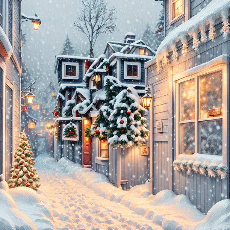 Enchanting Snowfall on a Decorated Street