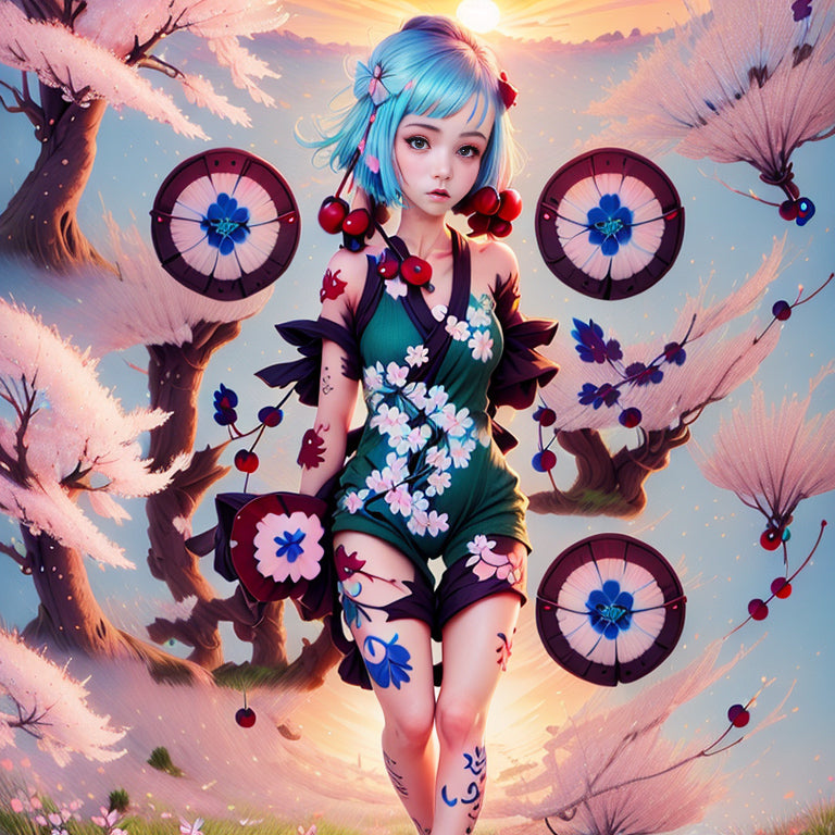 Icy Blue-Haired Girl Playfully Adorned at Sunrise