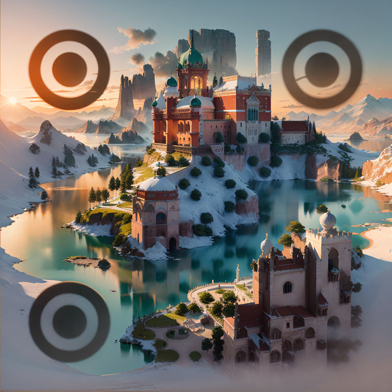 Snowy Castle Overlooking Lake and Mountains