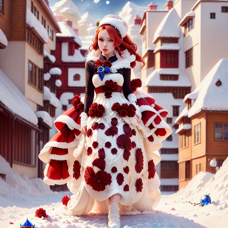 Bride Amidst Snow-Capped Houses